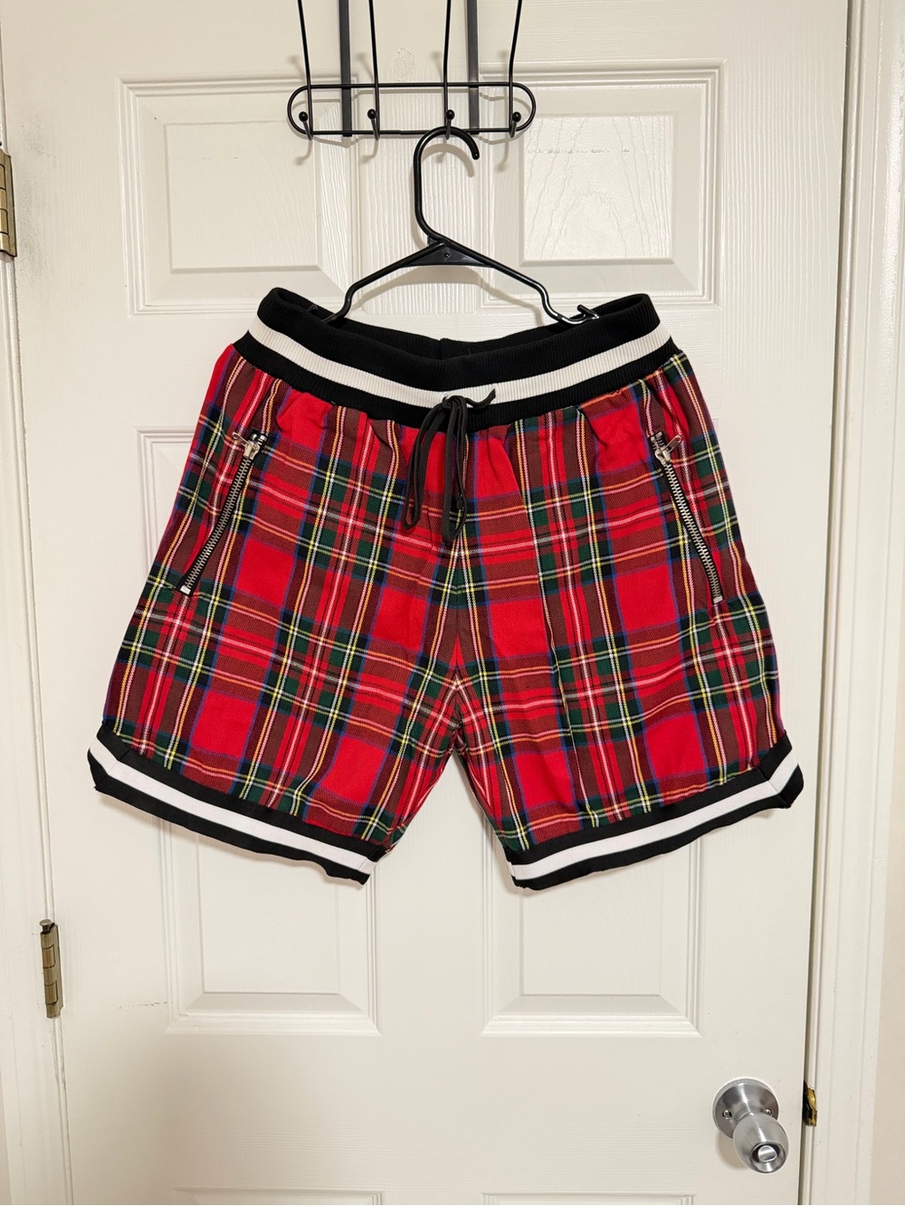 MNML Red Tartan Plaid Athletic Shorts with Black-Trim Waist